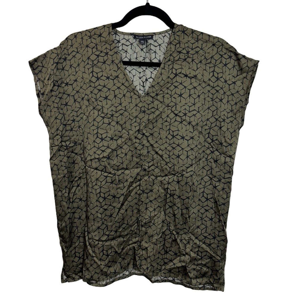 Eileen Fisher Olive Green Geometric Print V-Neck Blouse